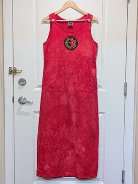 GUC 90s Dagoli S Bright Red Tie Dye Cotton Dress with Sun Art Design